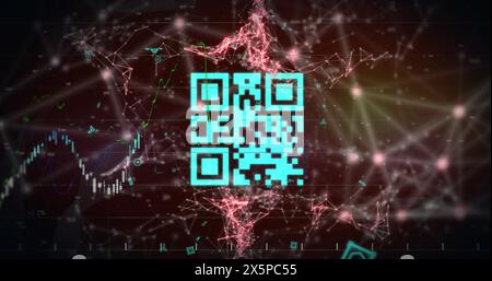 Image of network of connections and qr code over dark background Stock Photo