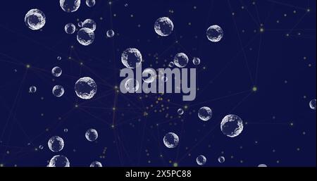 Image of bubbles floating over network of connections against blue background Stock Photo