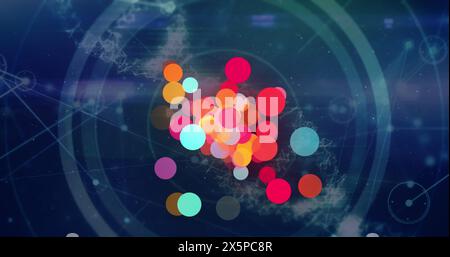 Image of colorful spots of light over network of connections and data processing Stock Photo