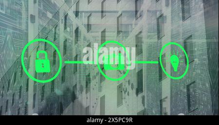 Image of green open lock, camera, light bulb icons on digital interface against buildings Stock Photo