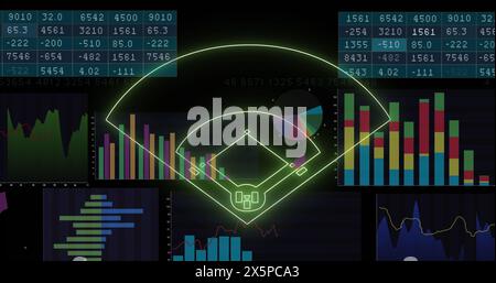 Image of neon stadium over data processing on black background Stock Photo