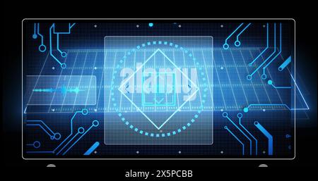 Image of neon stadium over data processing and scope scanning on black background Stock Photo