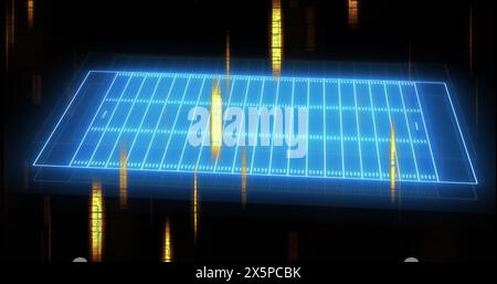 Image of neon stadium over light trails on black background Stock Photo