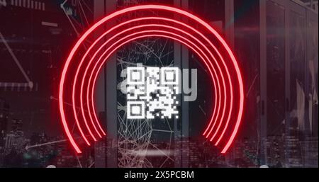 Image of red semi circles with qr code, network connection against cityscape Stock Photo
