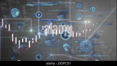 Image of falling dots forming lines, programming language and graphs over infographic interface Stock Photo