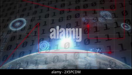 Image of red moving dots forming lines with binary code, circles and glare over globe Stock Photo