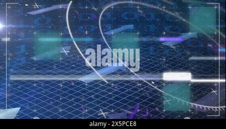 Image of glitch technique with circles, arrows and lens flare over binary codes Stock Photo