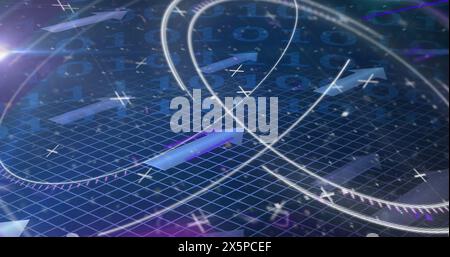 Image of multicolored glitch technique with moving arrows and circles over binary codes Stock Photo