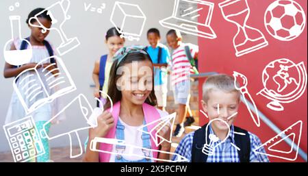 Image of school concept icons over group of diverse students walking down the stairs at school Stock Photo
