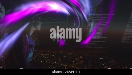 Image of data processing and caucasian woman over neon shapes Stock Photo