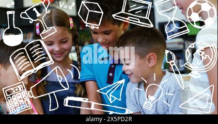 Image of school concept icons over group of diverse students studying together at school Stock Photo