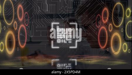 Image of qr code, circles and integrated circuit over dark space Stock Photo