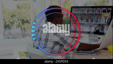 Image of numbers with mph text in circles over african american man image conferencing Stock Photo