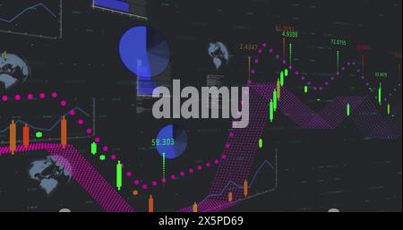 Image of multiple graphs, globes and numbers against black background Stock Photo