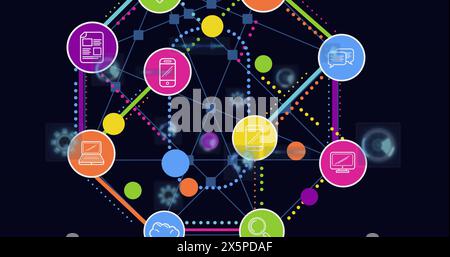Image of colorful icons connected and forming hexagon shape over globe, circles and radar Stock Photo