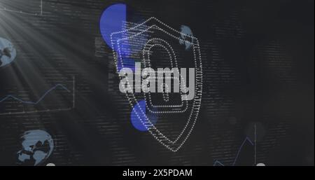 Image of digital padlock over graphs and data in digital space Stock Photo