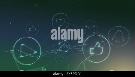 Image of floating dots, padlock in shield icon in circles connected with lines Stock Photo