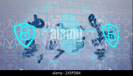 Image of scanning fingerprint, padlock in shield over multiple numbers against abstract pattern Stock Photo