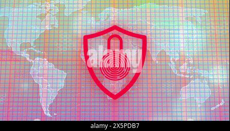 Image of illuminated padlock in shield over grid pattern against map in background Stock Photo