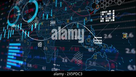 Image of data processing with statistics over world map Stock Photo
