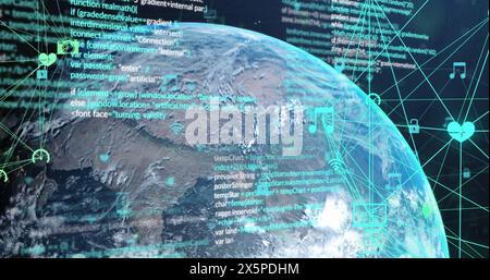 Image of eco icons and data processing over globe Stock Photo