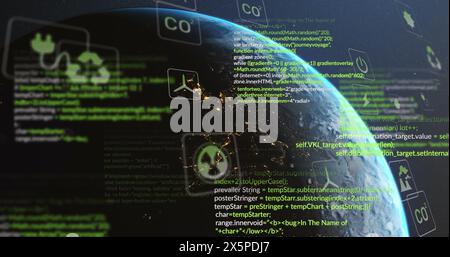Image of eco icons and data processing over globe Stock Photo