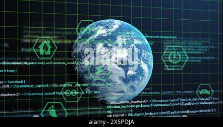 Image of eco icons and data processing over globe Stock Photo