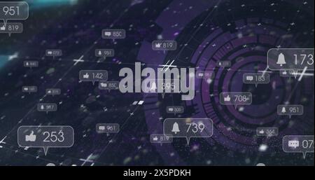 Image of social media icons over round scanner and light trails against data processing Stock Photo