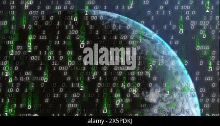 Image of binary coding and data processing over globe Stock Photo