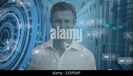 Middle-aged Caucasian man standing, digital data overlay Stock Photo