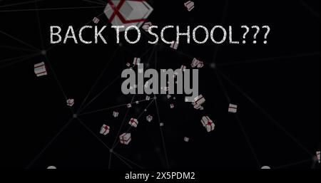 Image of back to school text over network of connections and presents on black background Stock Photo