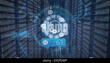 Image of message icon with increasing numbers over round scanner and data processing Stock Photo