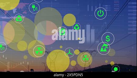 Image of ecology icons over data processing Stock Photo