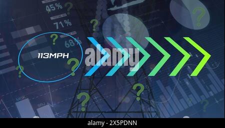 Image of data processing over arrows and pylon Stock Photo