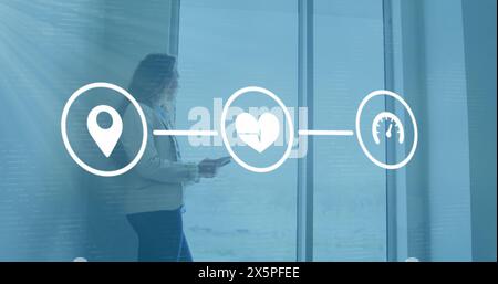 Image of flowchart, biracial woman using digital tablet and looking through glass window Stock Photo