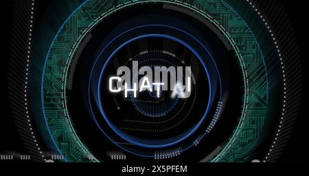 Image of chat ai text over circuit board pattern in loading circles over black background Stock Photo