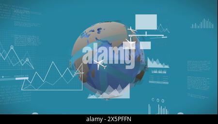 Image of statistical data processing and airplane icons over spinning globe on blue background Stock Photo