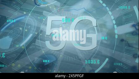 Image of 5g text in circle with programming language and changing numbers over light beams Stock Photo