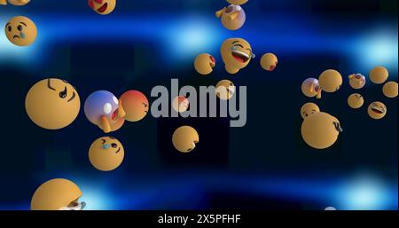 Digital image of multiple face emojis floating over blue spots of light on black background Stock Photo