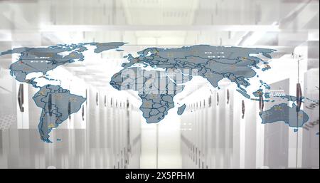 Image of computer language and map over data server room Stock Photo
