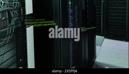 Image of computer programming language over data server room Stock Photo