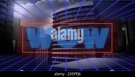 Digital image of wow text banner over grid network against tall buildings Stock Photo