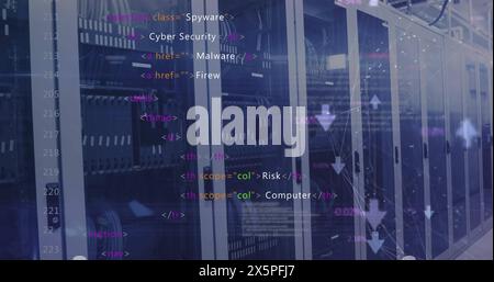 Image of connected arrows and computer language over data server racks in server room Stock Photo