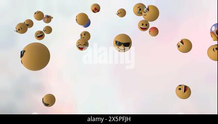 Digital image of multiple face emojis floating over abstract texture on white background Stock Photo