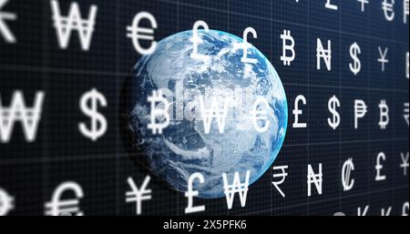 Image of letters and numbers processing over globe Stock Photo