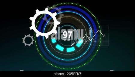 Image of multiple graphs and mobile app icons over circles with increasing number Stock Photo
