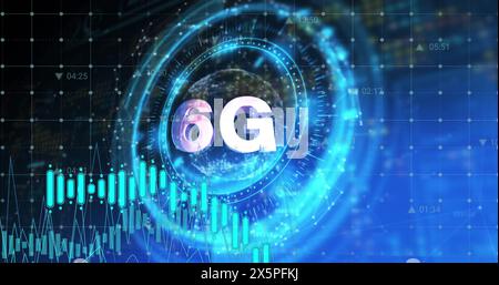 Image of illuminated circle with 6g text, multiple graphs and sustainable resource icons Stock Photo