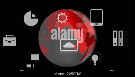 Image of multiple digital icons over spinning globe against black background Stock Photo