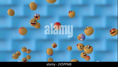 Digital image of multiple face emojis floating over geometric design texture on blue background Stock Photo