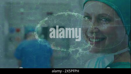 Image of brain rotating over happy caucasian female surgeon Stock Photo